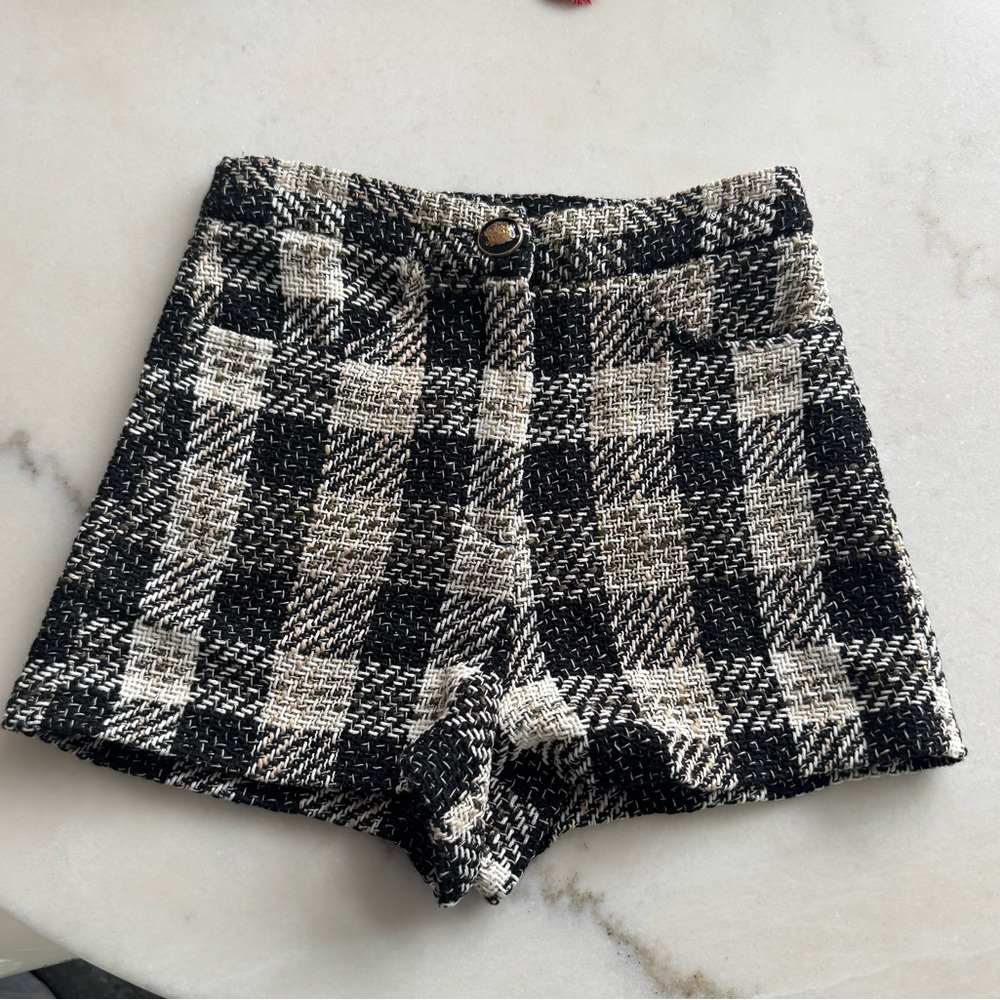 Zara Black and White Checkered High Waist Shorts